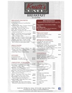 Kristi's Cafe Breakfast Menu, Auburn, ME